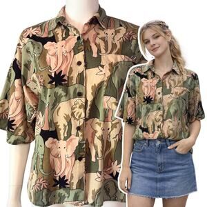 Vtg 80s SOHO Elephant Button Up Relaxed Fit Blouse Size XL Safari Jungle Rayon